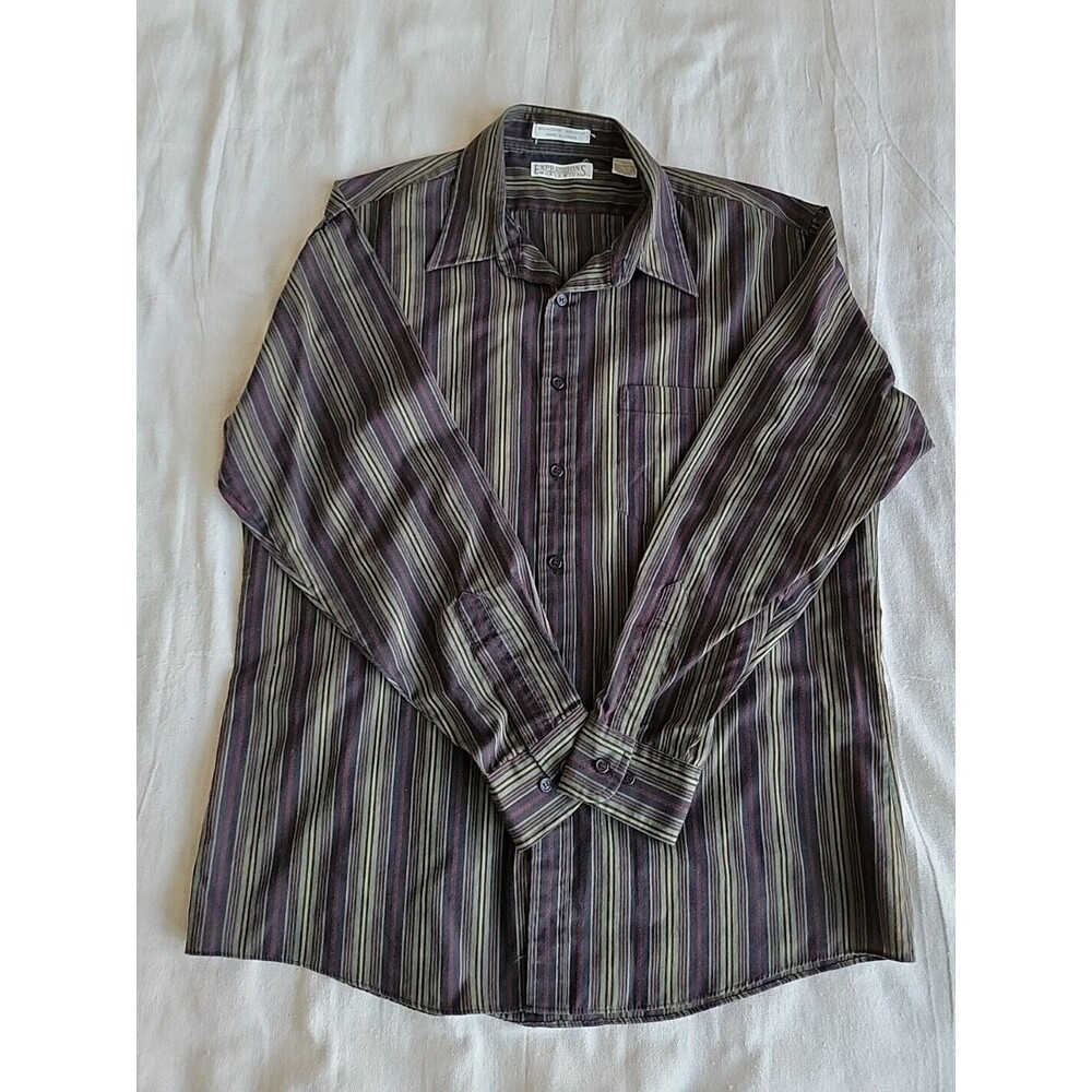 Expressions Worldwide‎ Mens L Shirt Button Up Striped Green Red Blue Pocket Vtg